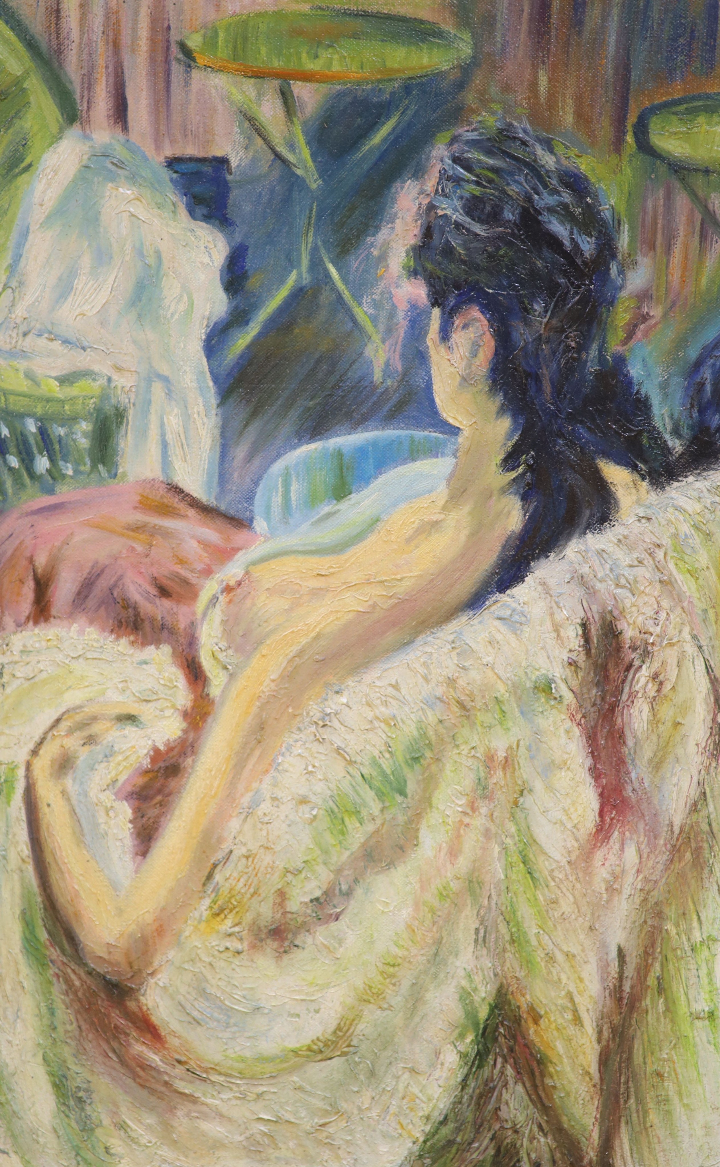 1950's French School, oil on canvas, Interior with seated woman, 40 x 26cm